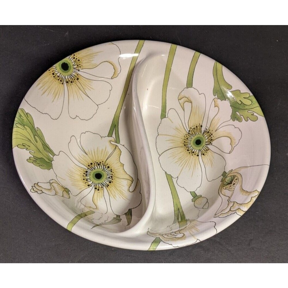 Divided Ceramic Serving Bowl ~ Floral Design - 9.25" Diameter ~ Vintage